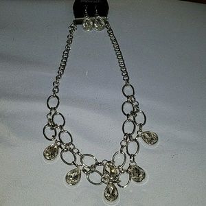 Silver necklace w/ diamond teardrops and earrings